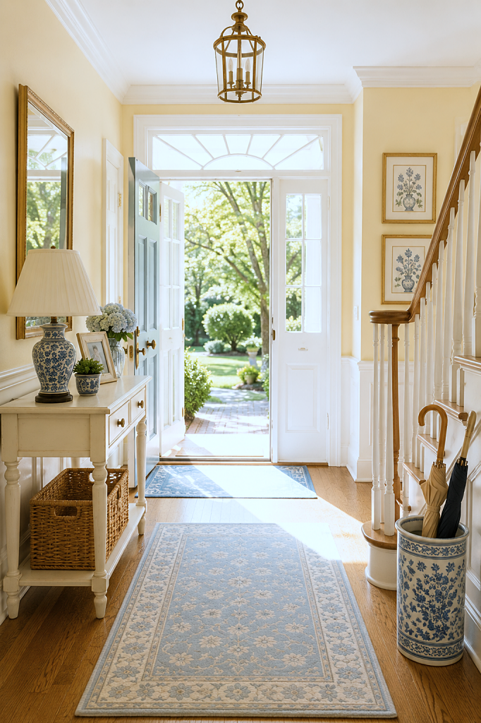 traditional entryway in pale yellow and blue