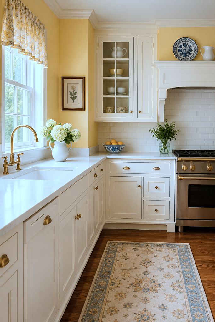 traditional kitchen in yellow and white