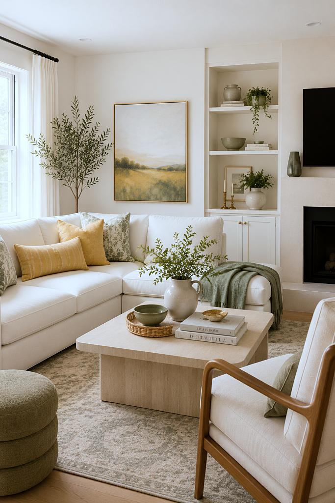 contemporary living room with accents of yellow and olive green