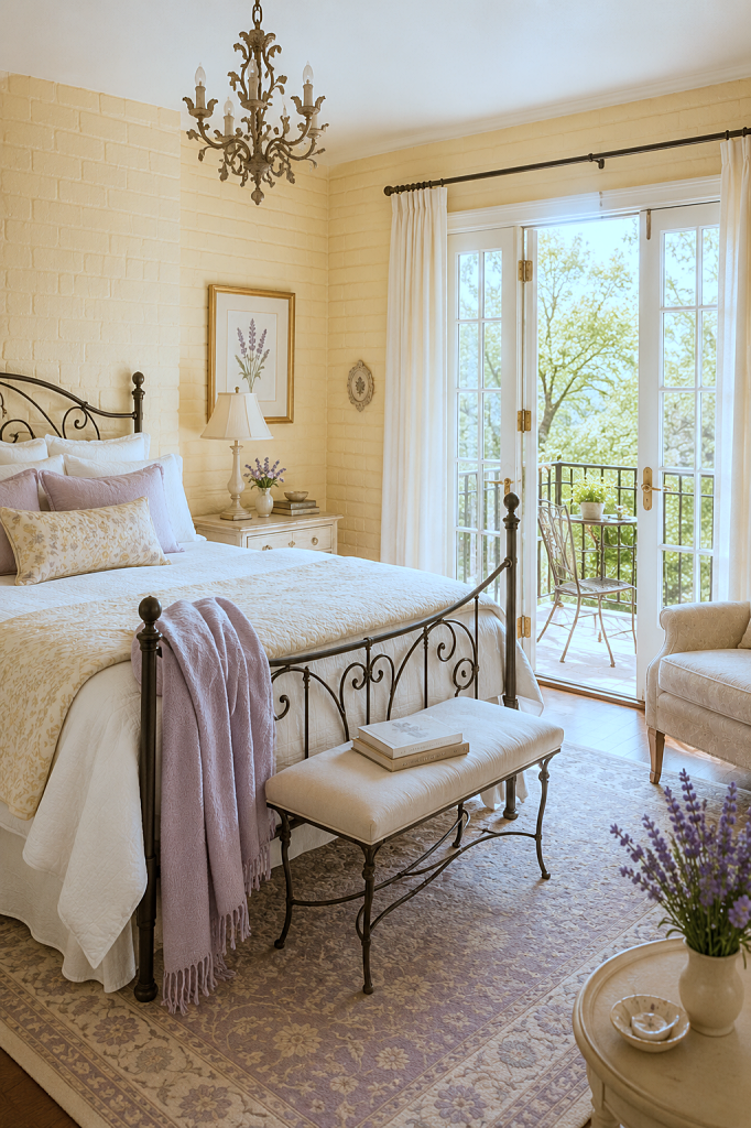 yellow primary bedroom with accents of lavender