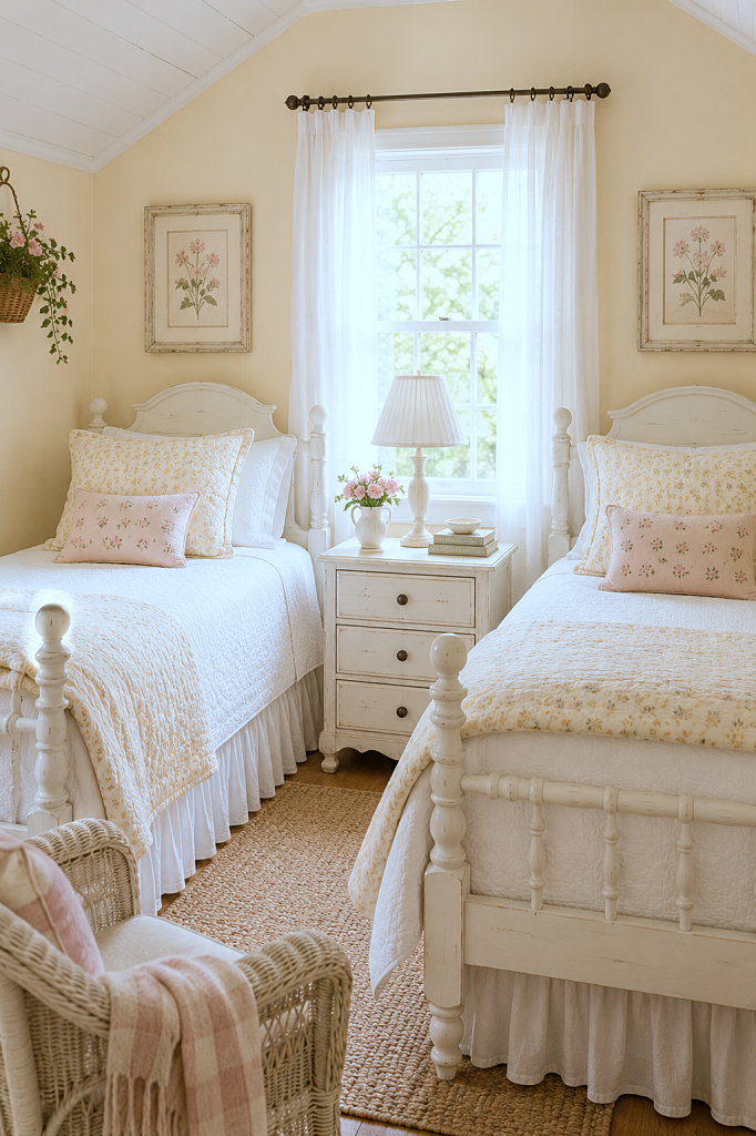 girls cottage style bedroom with twin beds