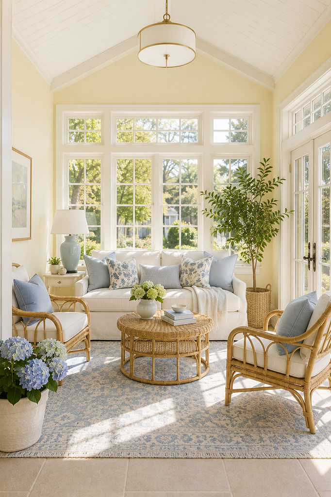 light and airy yellow and blue sunroom