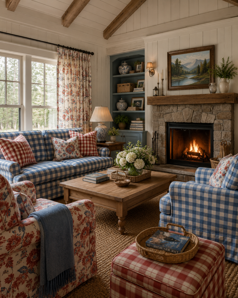 cabin style family room in red and blue