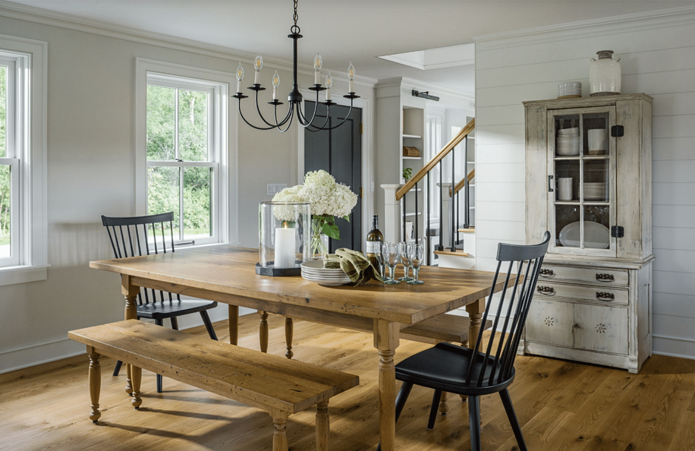 farmhouse style dining room in wood and white