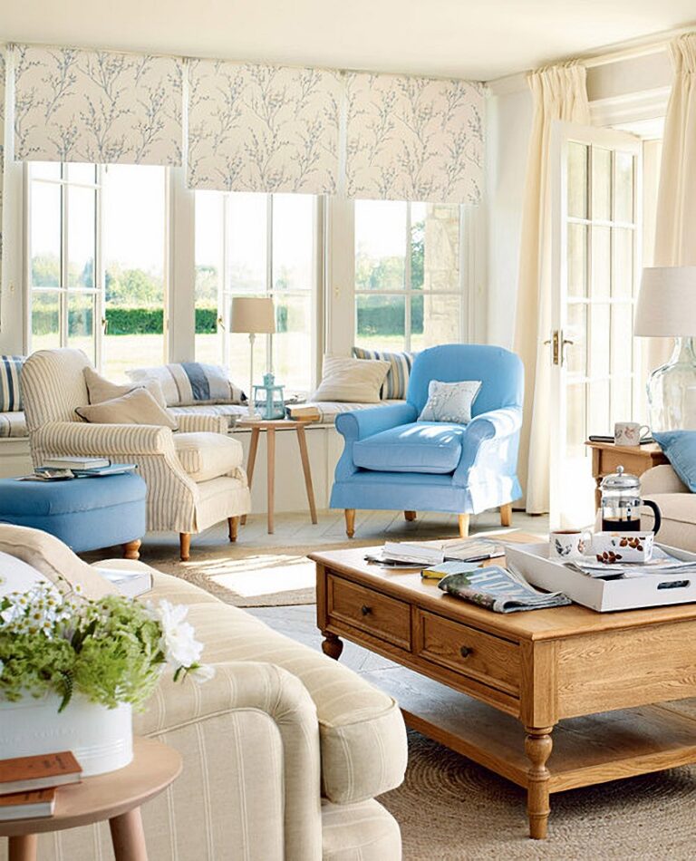 blue and cream Laura Ashley living room