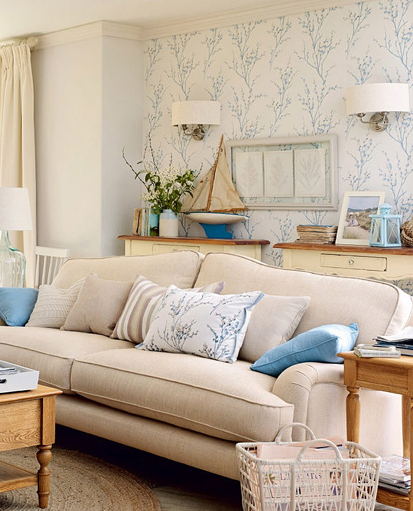 blue and cream Laura Ashley living room