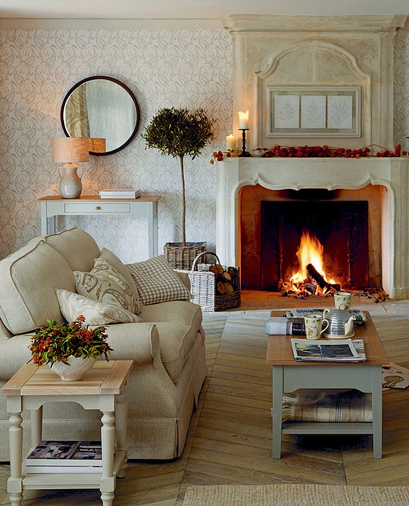 english style living room with fireplace