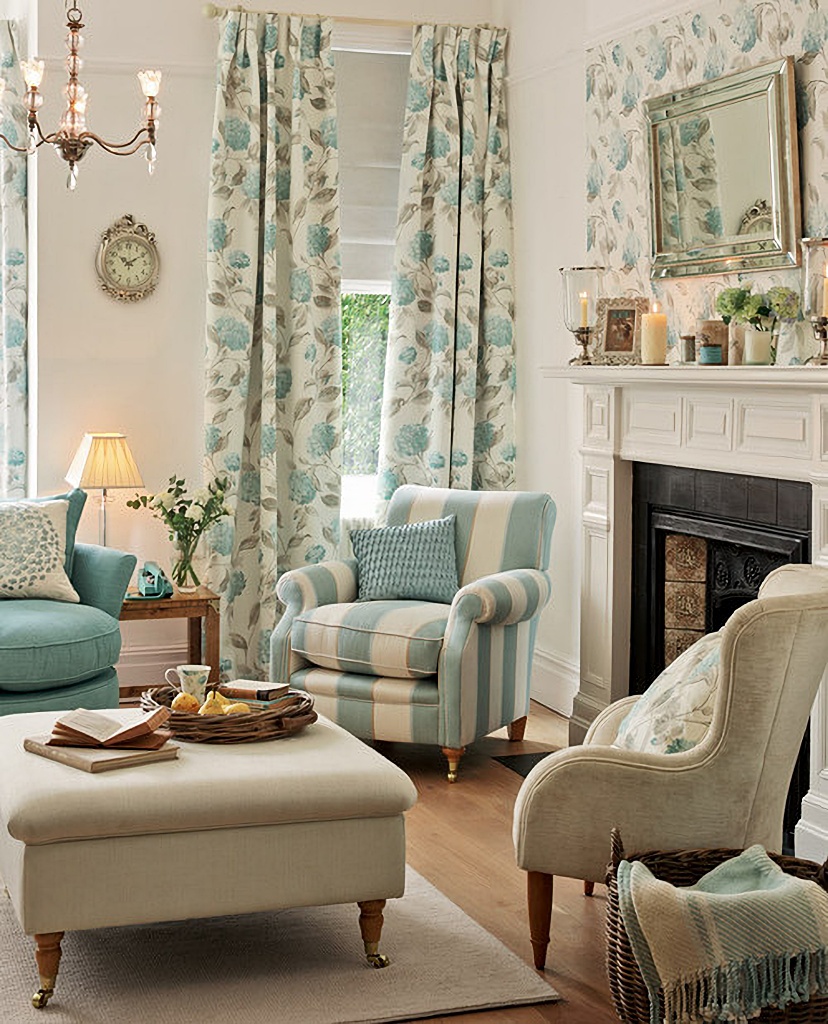 stripes and florals in traditional living room