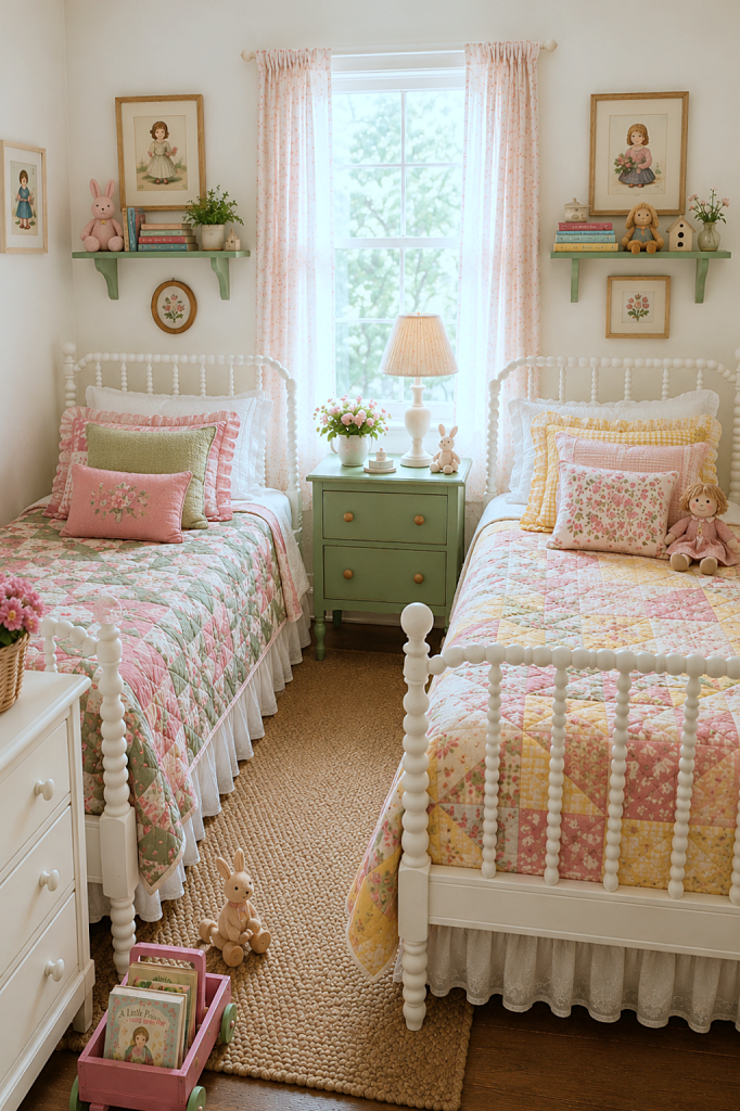 twin beds in a girls room with mismatched quilts