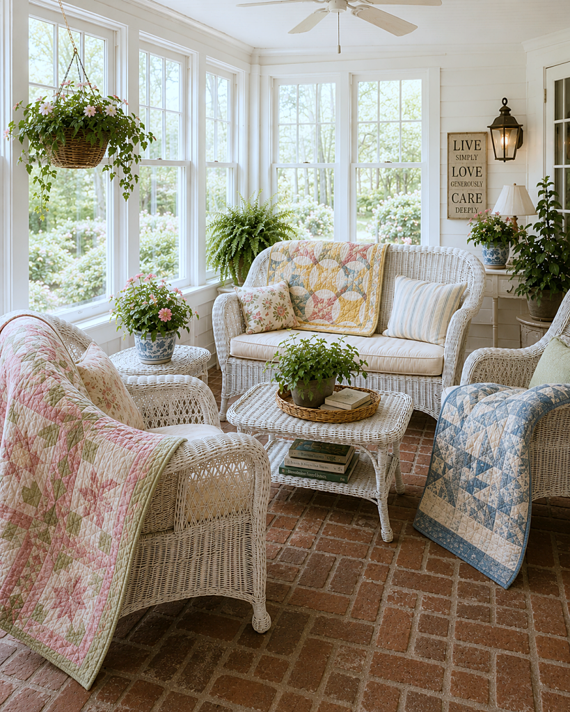 sunroom with wicker furniture and brick floor, vintage textiles