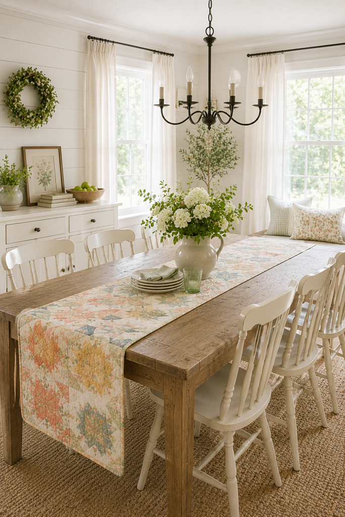quilted table runner in farmhouse dining room