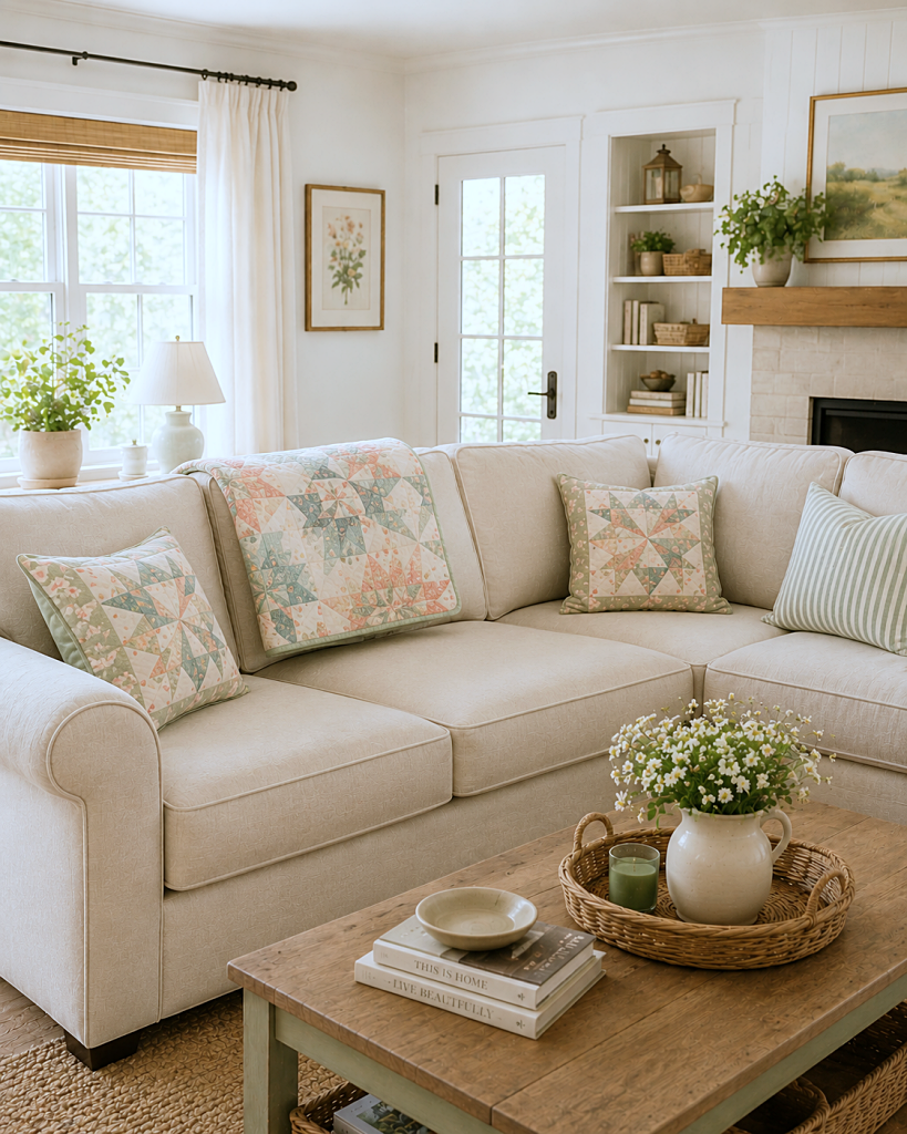 modern country living room with quilt decorating