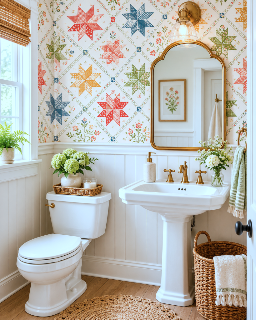 powder room with quilt patterned wallpaper
