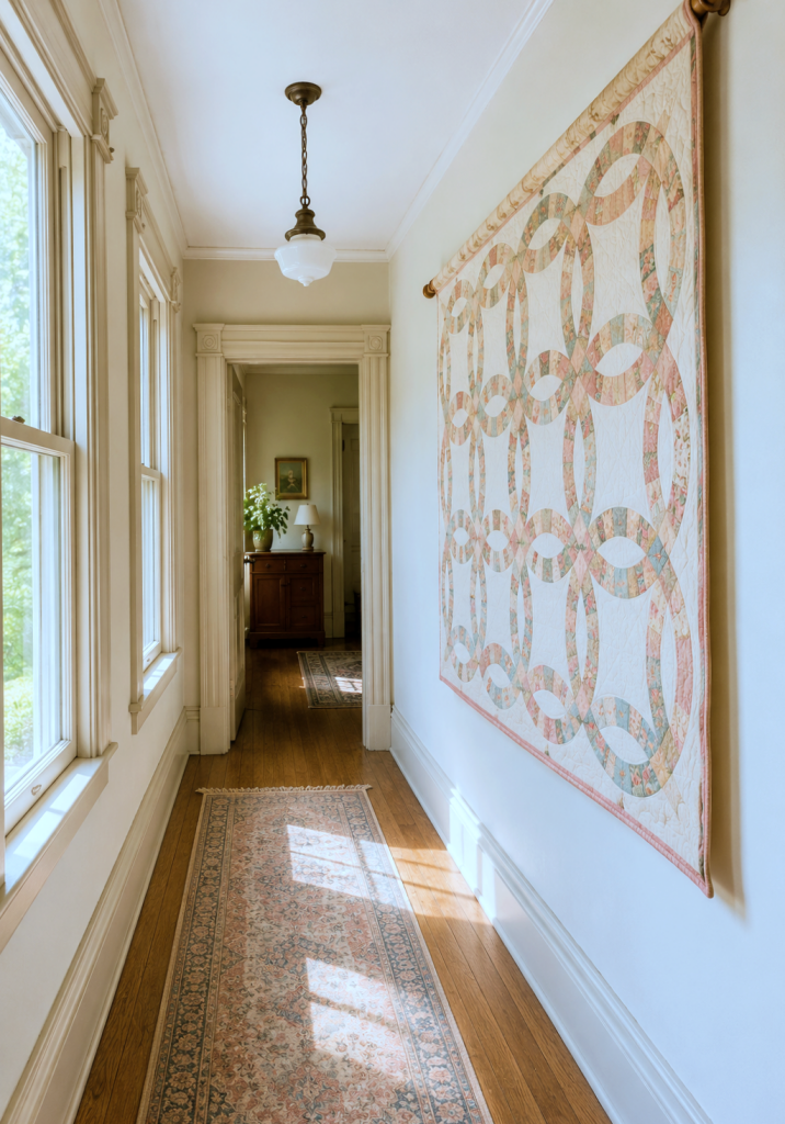 hallway with vintage quilt wall hanging