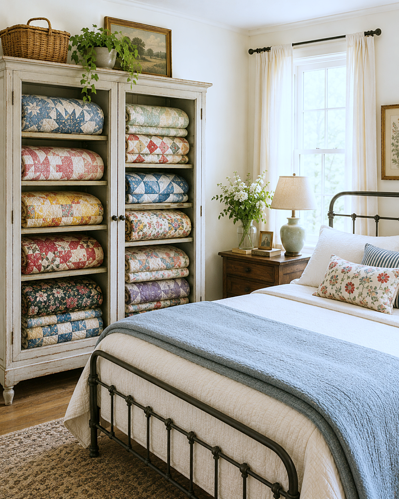 glass front cabinet with quilt collection