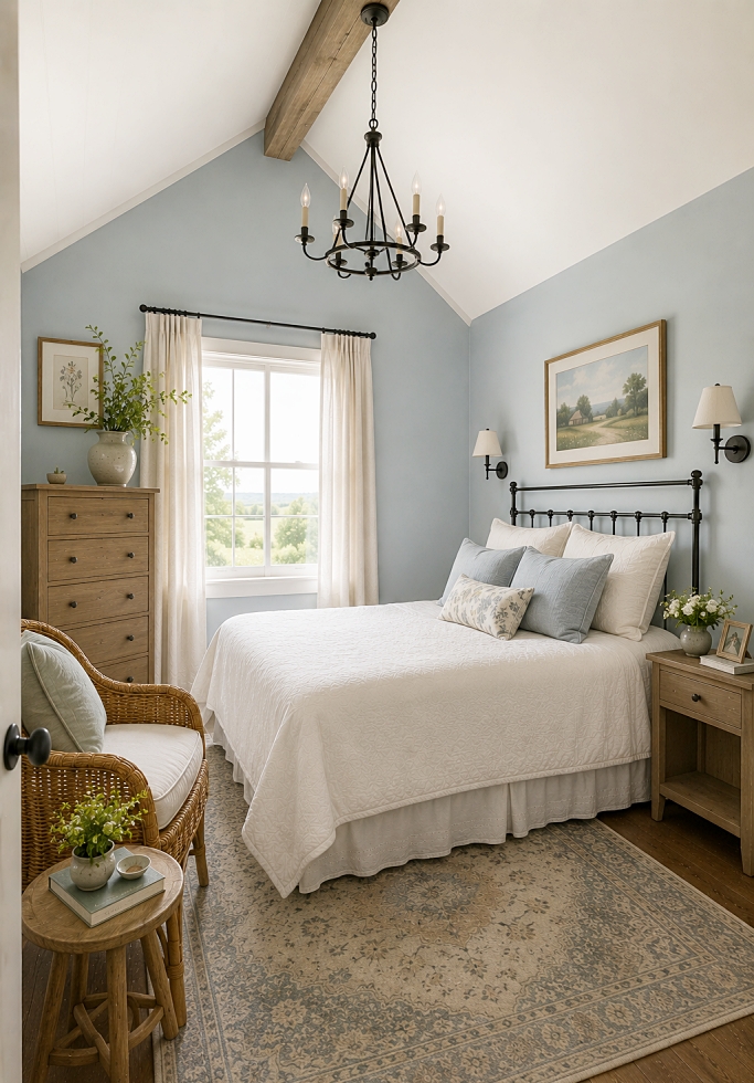 soft blue vaulted bedroom