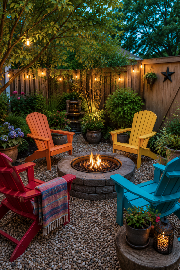 colorful Adirondack chairs around a fire pit