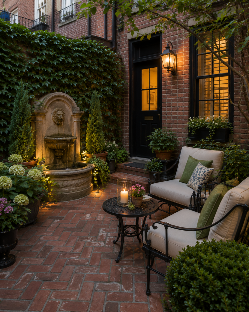 wall fountain on urban brick patio