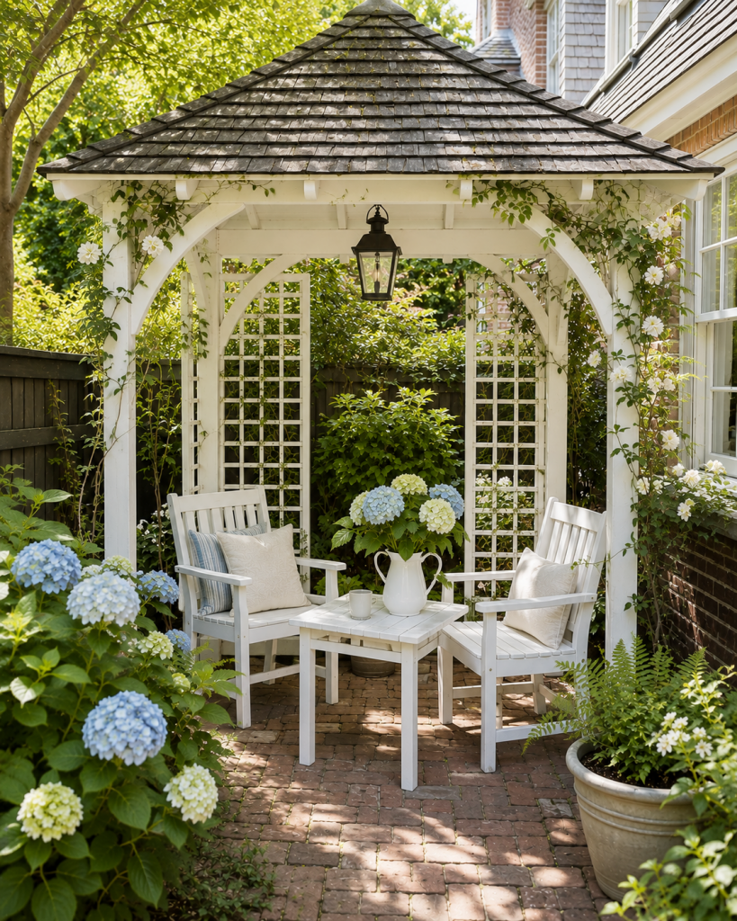 white lattice gazebo in backyard