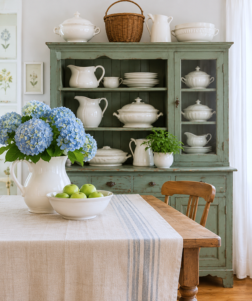 white ironstone display in simple dining room