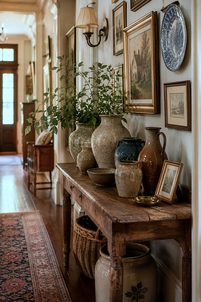 handcrafted pottery in hallway