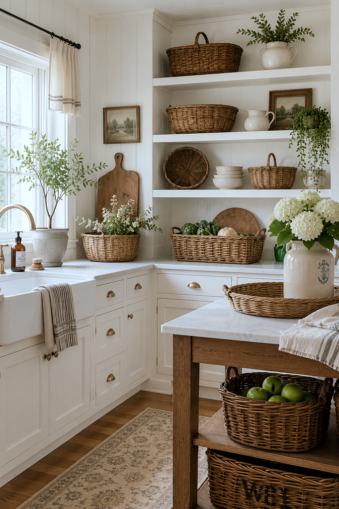 vintage baskets on display in farmhouse kitchen