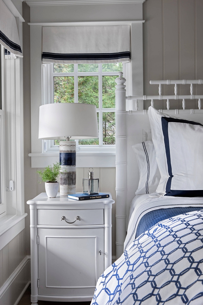 navy and white bedroom