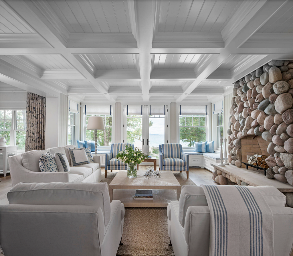 family room with stone fireplace