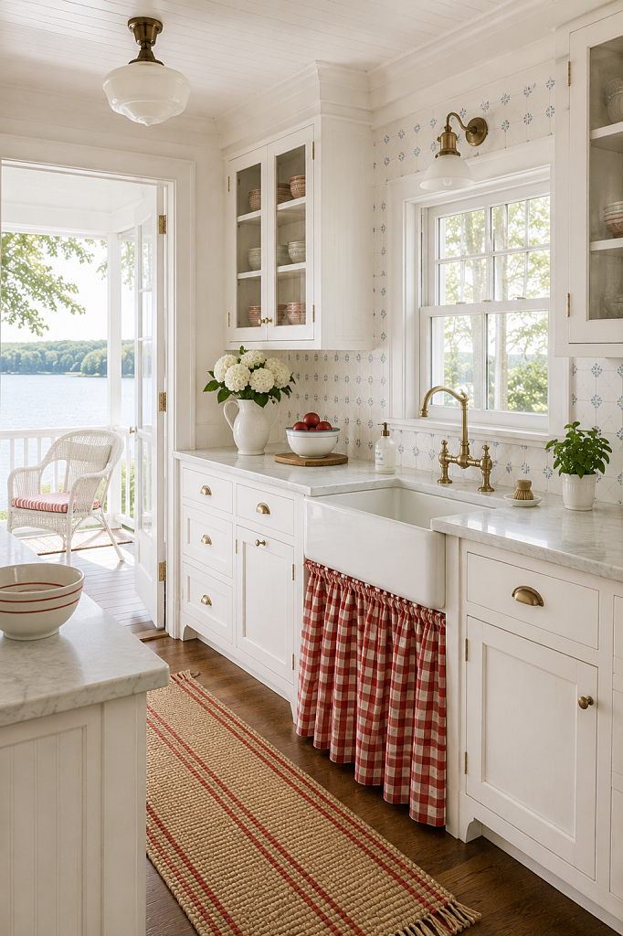red and white cottage kitchen