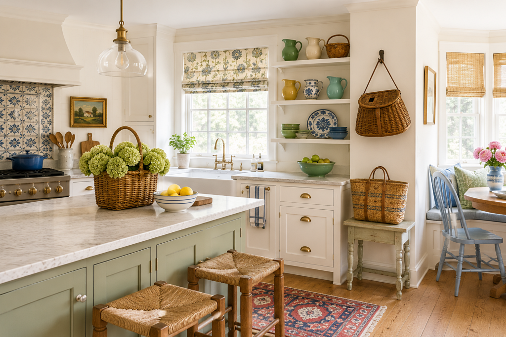 vintage baskets in cottage kitchen