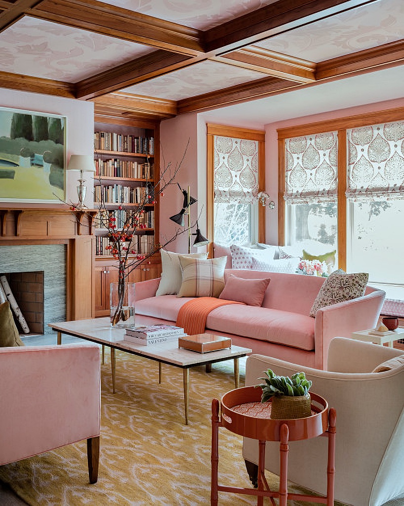 pink living room in Arts and Crafts home