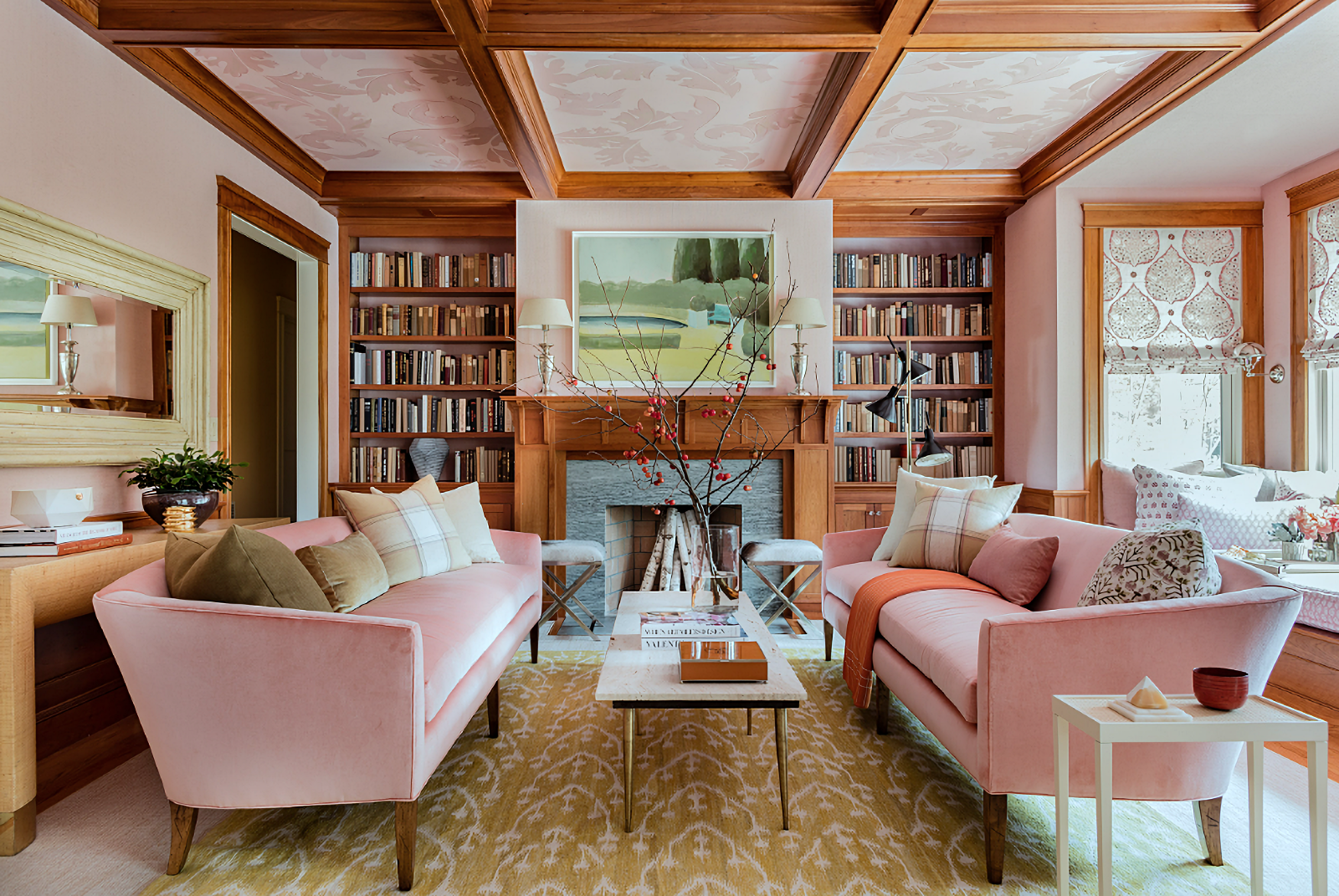pink living room in Arts and Crafts home