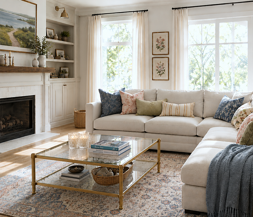traditional living room with off-white sectional sofa