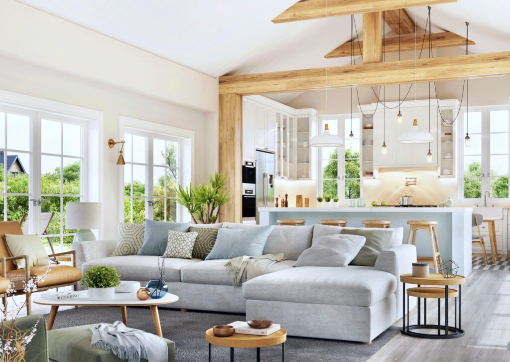 modern coastal open floor plan with large sectional sofa
