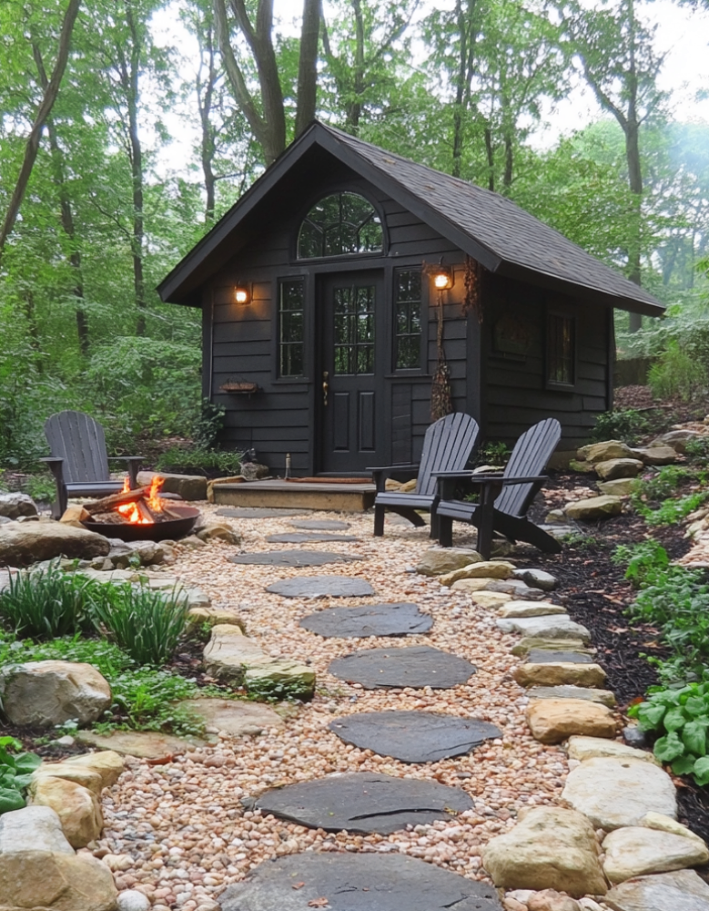 black shed with stone path