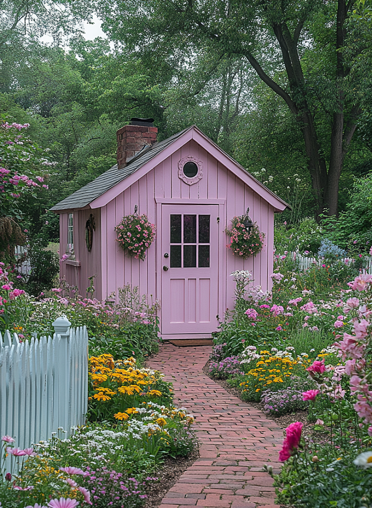 pink shed in the garden