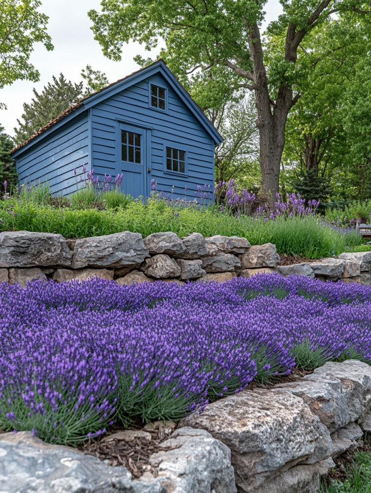 blue shed with stones and lavender