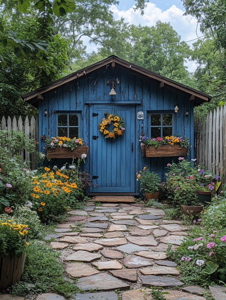 dark blue shed with flagstone patio