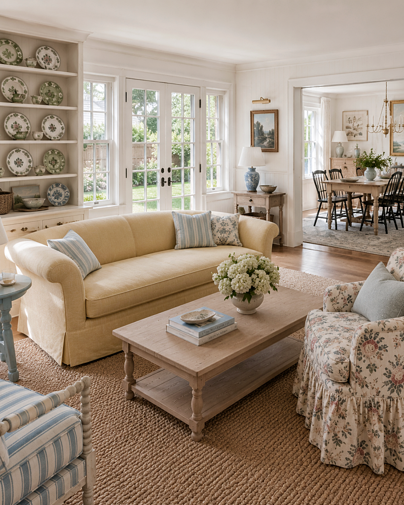 yellow sofa in cozy living room