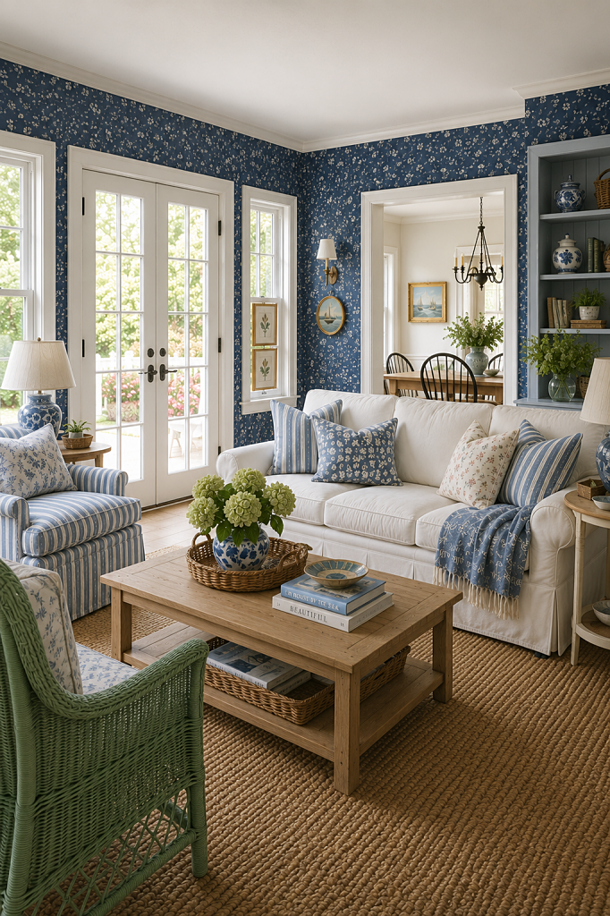 ditsy blue wallpaper in family room