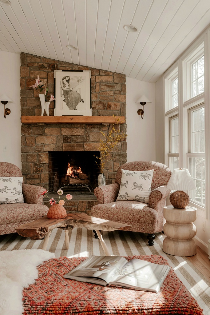 stone fireplace in modern country living room
