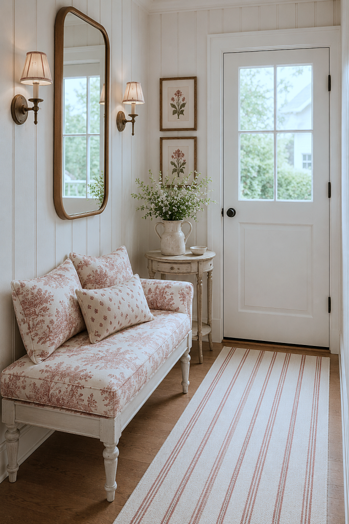 country style entryway with red toile bench