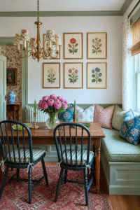 botanical prints in colorful breakfast nook