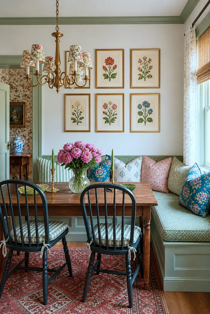 botanical prints in colorful breakfast nook