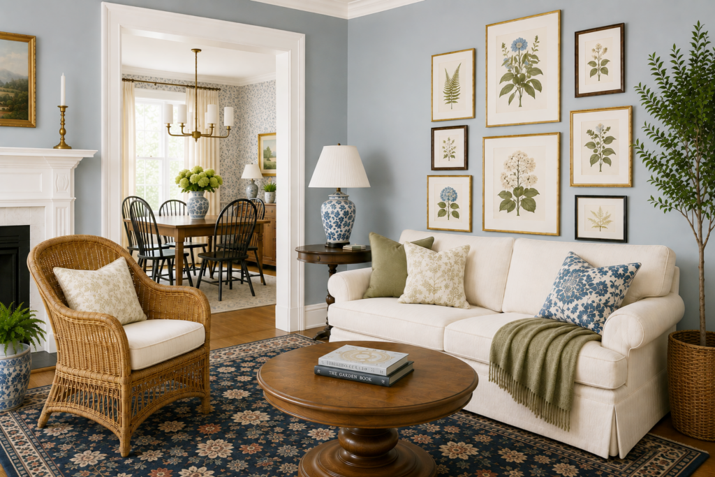 botanical wall art in traditional living room