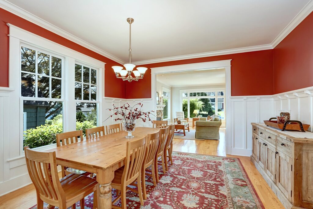 Classic dining room in burnt orange and white