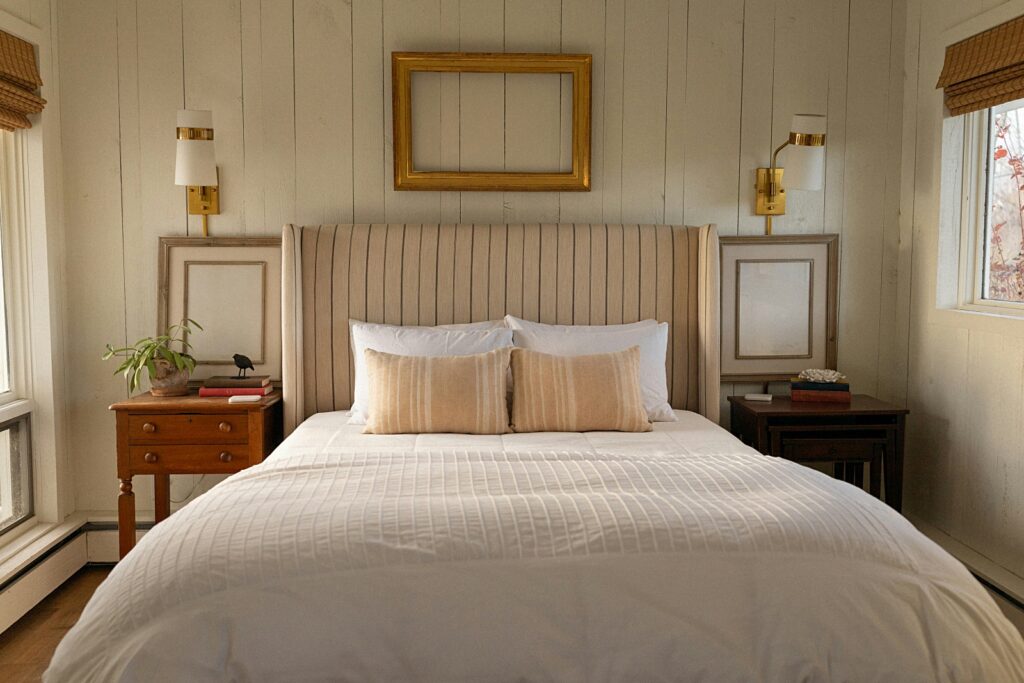neutral bedroom with soft bedding