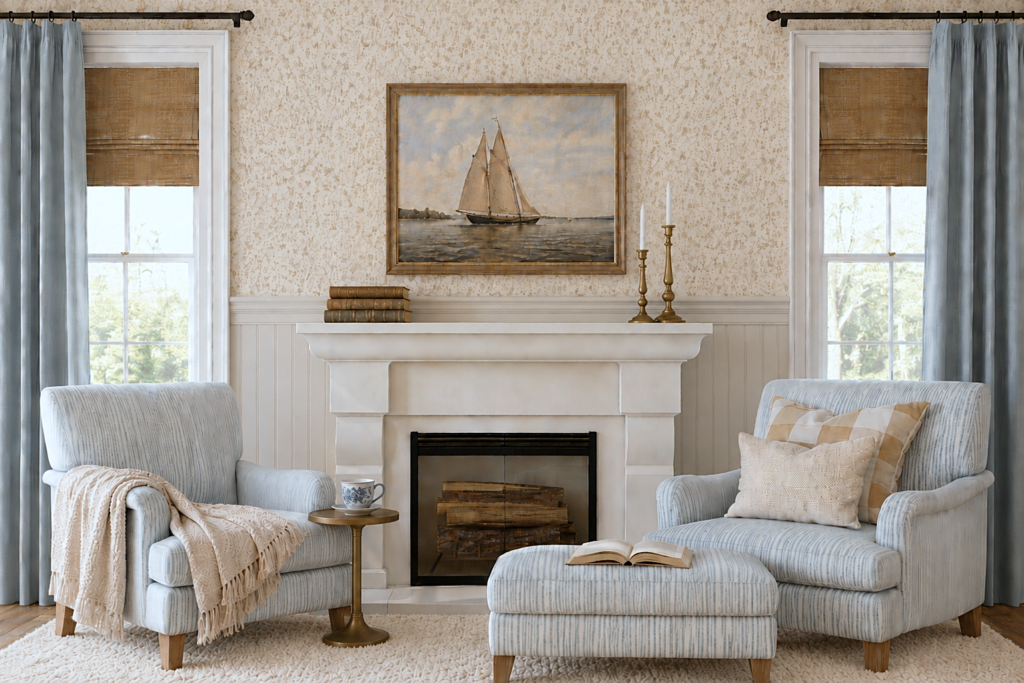 traditional living room with chairs flanking fireplace