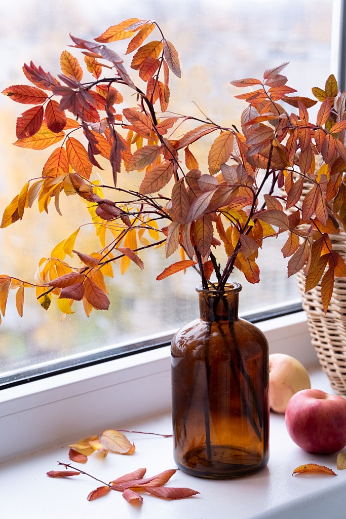 amber bottle with fall foliage