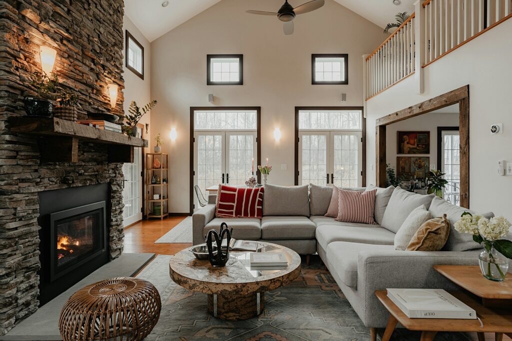 soaring fireplace in spacious living room